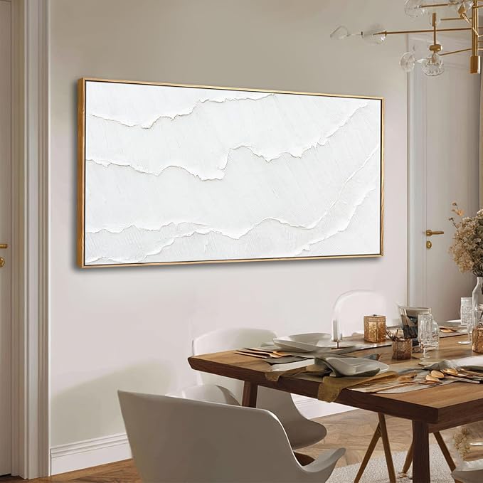 Framed White Gold Abstract Wave Canvas Wall Art for Living Room 24x48 Inch