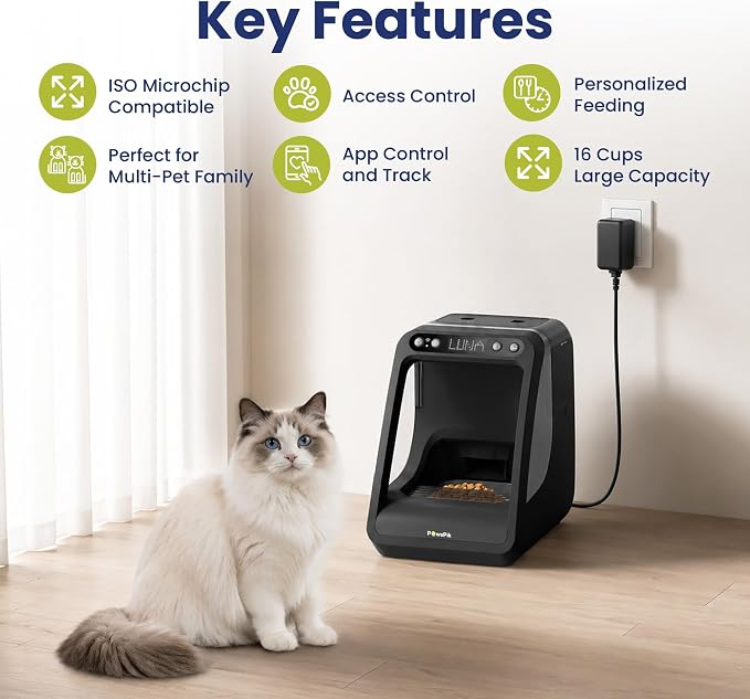 Automatic Microchip RFID Cat Feeder, 16-Cup, Black | ISO Microchip & PawsPik RFID Tag Compatible, App Control, Portion Control, Personalize Feeding