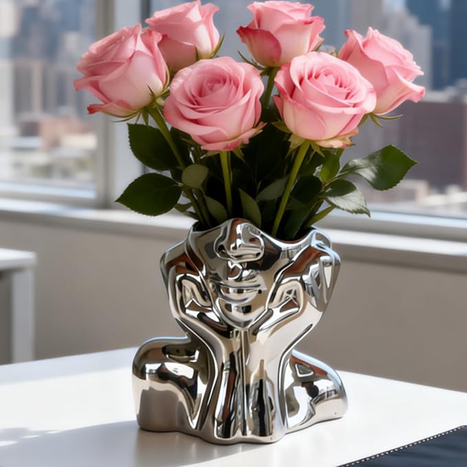 Silver Ceramic Human Face Vase, Shy Posture Decorative Human-Shaped Vase Modern Silver Decorative Art Vases