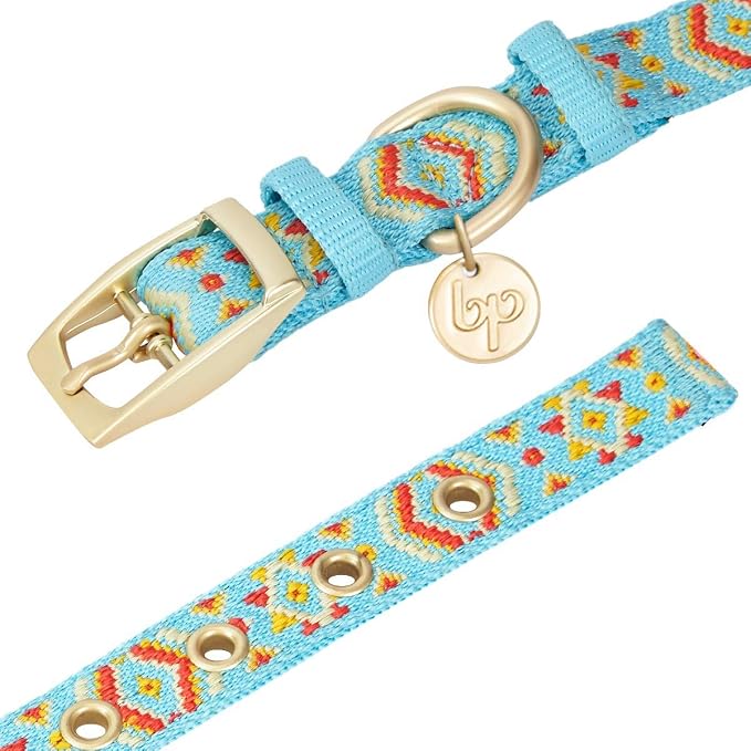 Blueberry Pet Southwestern Tribal Print Celeste Blue Adjustable Dog Collar with Metal Buckle, Neck 13-16.5", for Medium Breed
