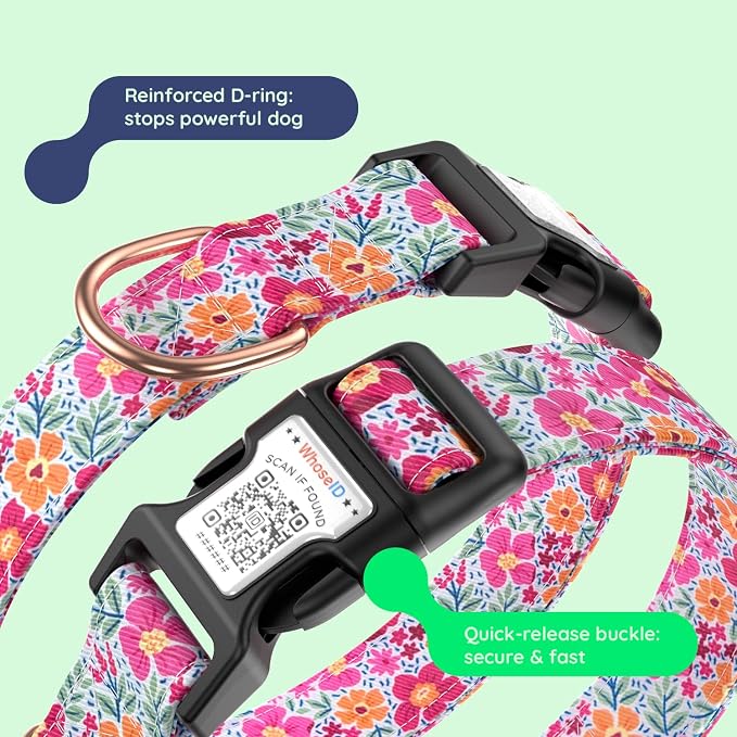 Airtag Dog Collar,with Waterproof airtag Holder，Original Stylish Cute Pattern Design.QR Code ID Buckle，Comfortable Soft Cotton for Small Medium Large Dogs