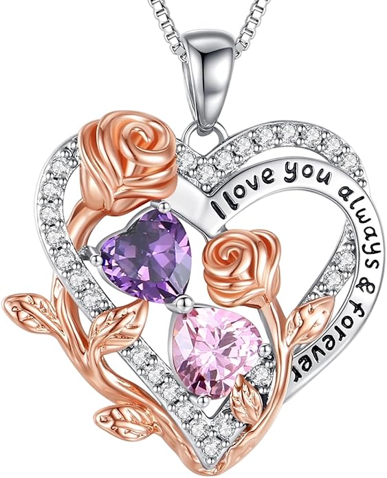 I Love You Birthstone Necklace, 925 Sterling Silver Heart Pendant with CZ Diamond Stones, Birthday Gifts for Women, Romantic Gift for Wife, Girlfriend, Her, Anniversary, Valentine's Day, Christmas