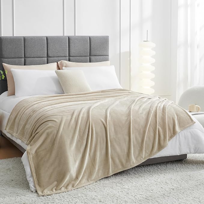 Hansleep Throw XL Taupe Fleece Blanket, Soft Flannel Bed Blanket | Fuzzy Cozy Blanket 50x70 Inches, Multi-use for Bed, Sofa, Couch, Travel, Camping, All Season Warm Lightweight Cover