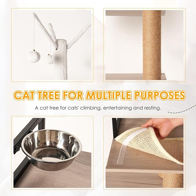 Cat Tree & Litter Box Enclosure,Modern All-in-one Indoor Cats Tower with Large Platform, Cat Condo with Wood House, Food Station, Hammocks (23.6”)