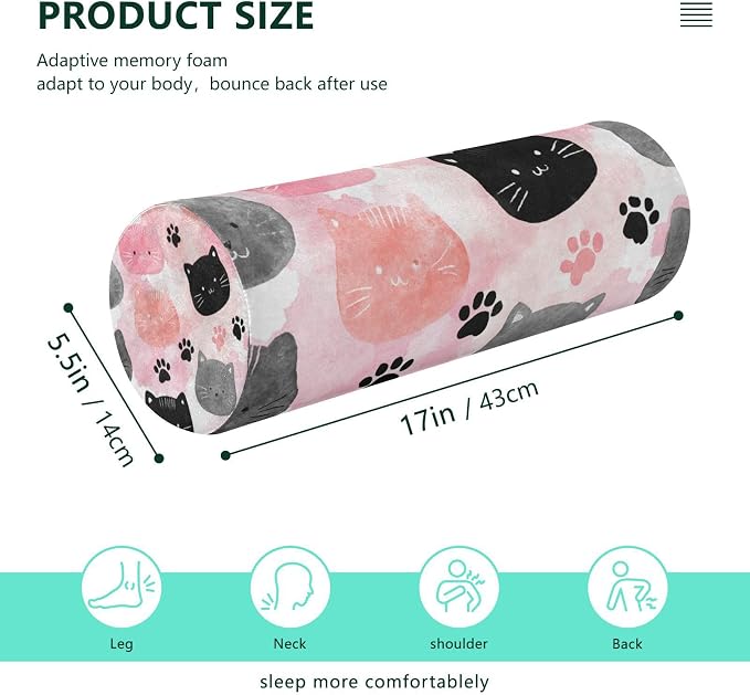 Cat Faces and Paw Print Neck Roll Pillow Bolster Round Health Memory Foam Long Cervical Cylinder Pillows with Removable Washable Cover for Body Bed Legs Back Yoga