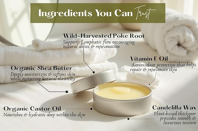 Poke Root & Castor Oil Salve -1oz- Cysts, Boils, Fibroids, Swollen Lymph Nodes, Breast & Joint - Vegan Lymphatic Support Massage Balm - Natural Deep Tissue Relief Ointment Handmade in The USA