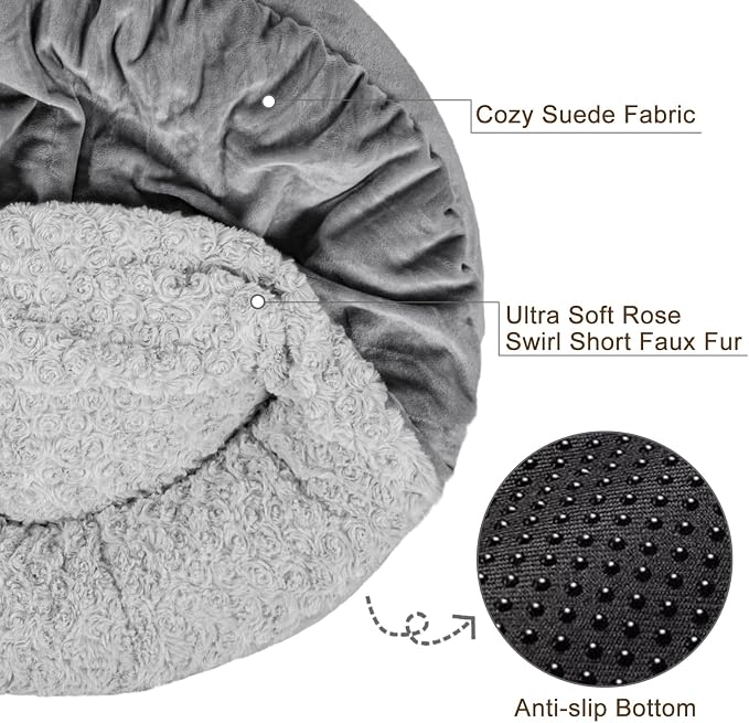 JOEJOY Small Dog Bed Cat Bed with Hooded Blanket, Cozy Cuddler Luxury Puppy Pet Bed, Donut Round Calming Anti-Anxiety Dog Burrow Cave Bed - Anti-Slip Bottom and Machine Washable 26 inch