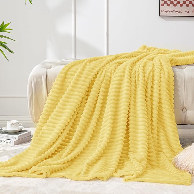 BEDELITE 3D Ribbed Light Yellow Fleece Twin Blanket for Bed, 60x80 Inch | Soft Warm Decorative Fluffy Blanket, Cozy Plush Lightweight Fuzzy Throw Blanket for Couch Sofa Room Decor, Gift for Women
