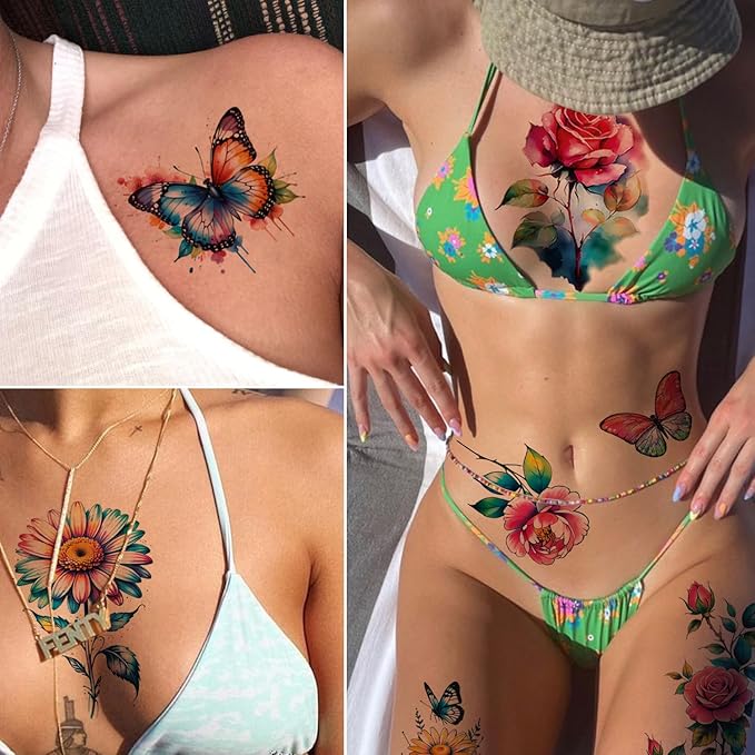 Tazimi 3D Large Watercolor Flower Temporary Tattoos For Women Watercolor Roses Flower Butterfly Sunflower Daisy Tattoos Sticker Girls Adults Waterproof Realistic Arm Body Colourful Tattoos