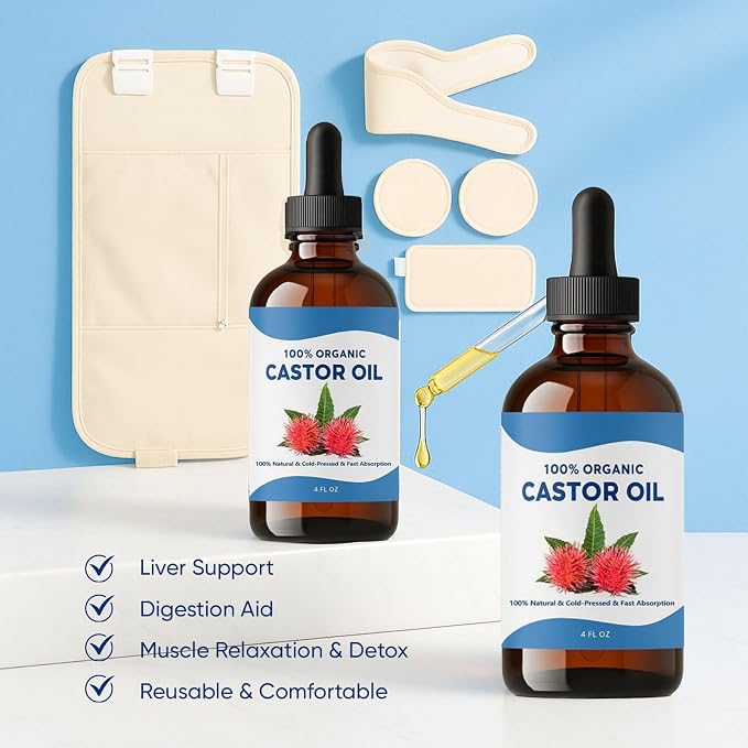 Tavio Castor Oil Pack, Castor Oil Liver Wellness Pack Wrap Kit, Organic Cotton Reusable Pads Kit for Hot/Cold Compress, Muscle Relaxation & Detox (1)
