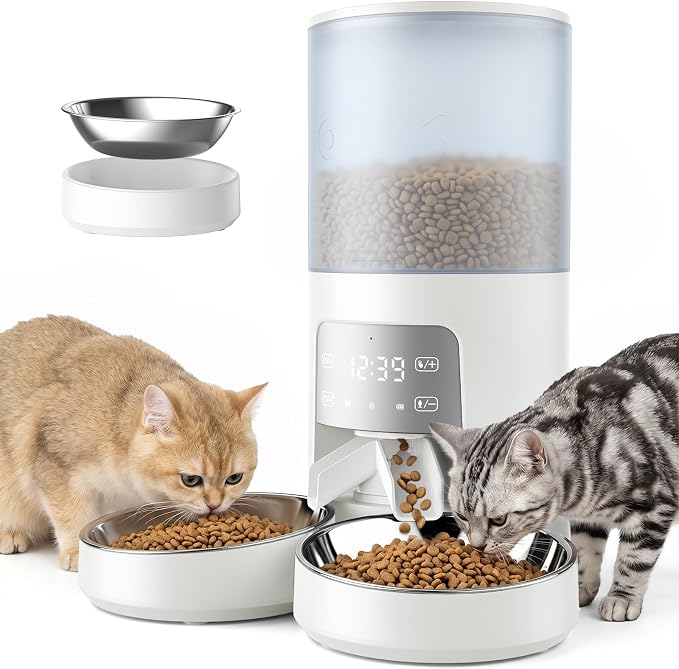 NEWBULIG Automatic Cat Feeder for 2 Cats, 6L Timed Pet Feeders, White | Dual Bowls, 25.3 Cups, 10s Voice Recorder, Dog Food Dispenser for Dry Food, 6 Meals/Day, 50 Portions/Meal, Dual Power Supply