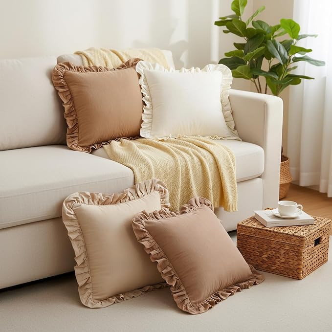 8 Packs Neutral Color Ruffle Pillow Covers with Inserts 18 x 18 Inches Soft Cotton Ruffle Pillowcase Rustic Boho Farmhouse Modern Home Decor for Bed Sofa Living Room Couch