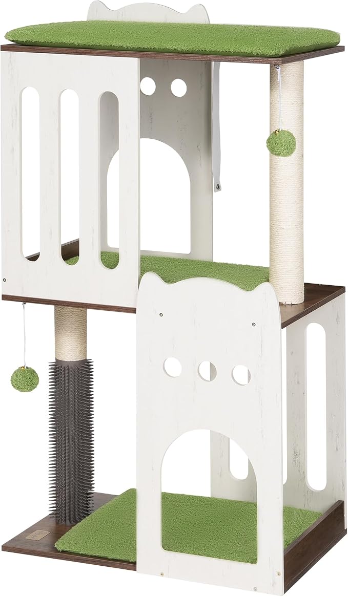 43.7in 3-Tier Modern Cat Tree Tower Condo, Cat Scratch Posts for Indoor Cats, Big Plate, Two 19.7in Full Sisal Scratching Posts, White