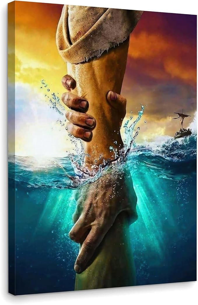 Framed Jesus Christ Canvas Wall Art The Hand of God Jesus Reaching Into Water Christian Painting Prints Biblical Wall Decor Religious Room Decor for Church Prayer Room Schools Hospitals 20"x30"