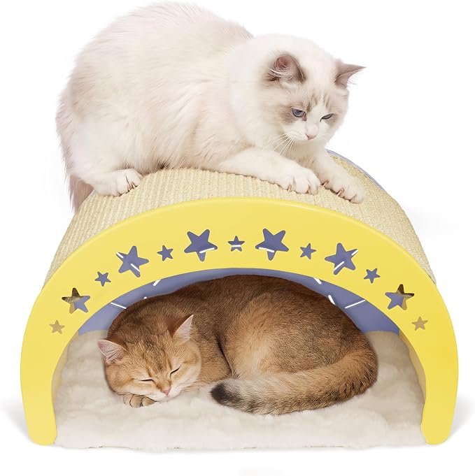 Cat Scratcher Bed, 3 in 1 Design-Bed, Scratcher, Hideaway Cave | with Elevated Sisal Pad & Reversible Fleece Mat,Sturdy HDPE Lounge for Indoor Cats, Tool-Free 30s Assembly, Supports 30 lbs