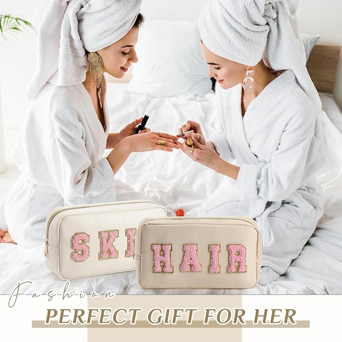 Preppy Makeup Bags Chenille Letter Stuff Bag Nylon Cosmetic Pouch Cases with Zipper for Women Travel Toiletry(Cream Color,Classic,2 Pcs)