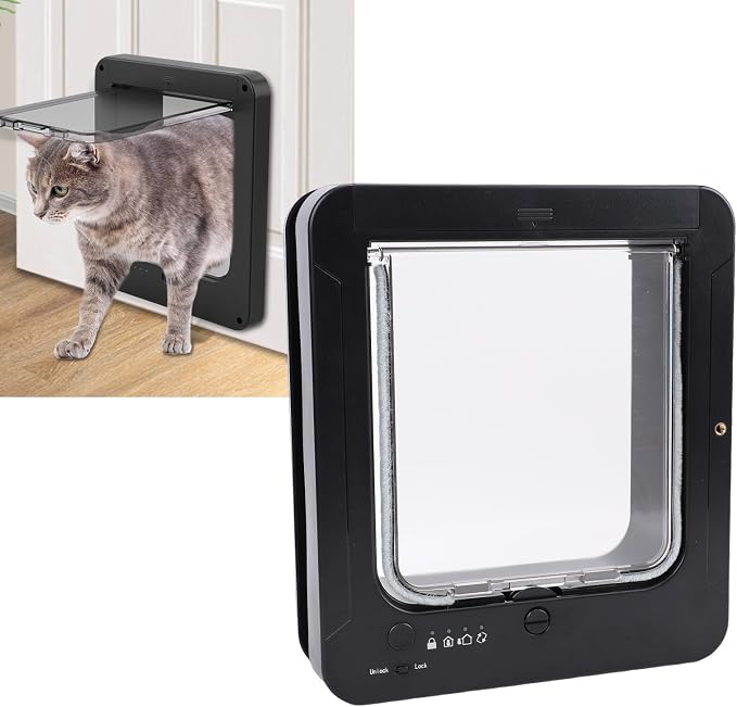 Jiawu Cat Door, Smart Sensing Collar Activated Pet Door with 4 Way Locking, Remote Control, 2 Magnetic Collars, and Easy to Clean Plastic, Electronic Cat for Interior and