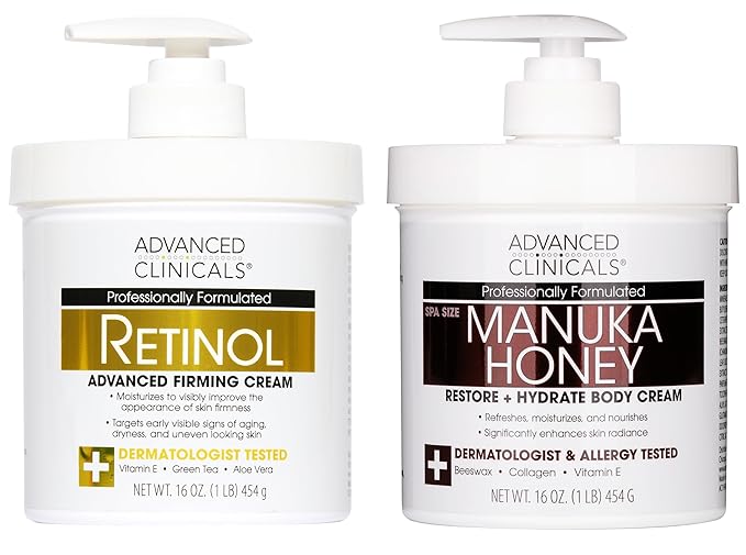 Advanced Clinicals Unscented Retinol Body Lotion & Face Moisturizer + Manuka Honey Body Cream For Women & Men | 2PC Skincare Set Helps Reduce Appearance Of Crepey Skin + Extremely Dry Skin, 2pc Set