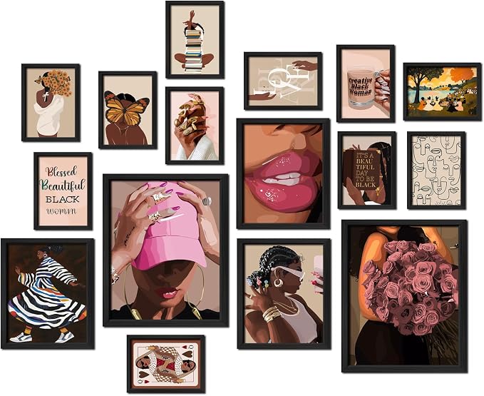 ANERZA 16 PCS Black Girl Wall Art Decor, African American Gallery Wall Prints for Bedroom, Black Woman Posters for Living Room Aesthetic, Black People Collage Kit Pictures, Pink and Black Dorm Home Decor