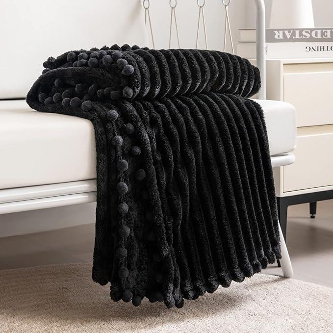 DISSA Fleece Blanket Twin Size – 60x80, Black - Soft, Plush, Fluffy, Fuzzy, Warm, Cozy – Perfect Throw for Couch, Bed, Sofa - with Pompom Fringe - Flannel Blanket
