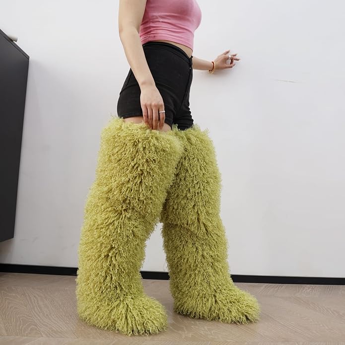 SWEETHEART BEAUTY Thigh High Shagy Teddy Fur Boots, 29 Inch Over the Knee Length Fluffy High Boots, Tall Furry Shoes For Women