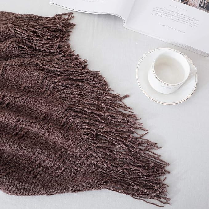 BOURINA Brown Throw Blanket 60x80 Inch Boho Knitted Soft Throw Sofa Blanket | Knitted Throw Blanket 60x80 Inches, Soft Lightweight Boho Weave Throw Decorative Couch Blanket for Living Room Bedroom Chair