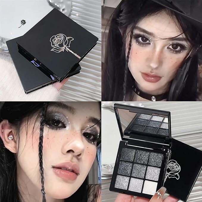 9 Colors Glitter Eyeshadow Palette, Black Silver Gray White Goth Shimmer Sparkly Eye Shadow Makeup Palette, Metallic Eyeshadow, Smokey Eye Glitter Makeup Sombras De Ojos