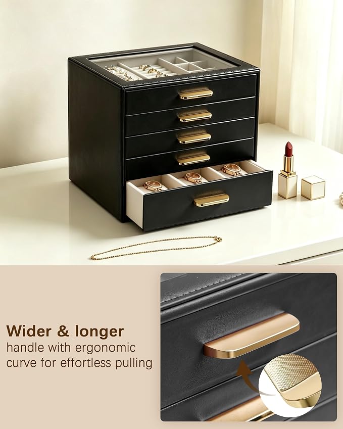 Homeanda Jewelry Boxes Organizer with Glass Lid, 5-Layer PU Leather, Black | Modern style display case with 5 drawers for daily jewelry, women, mom or girl gift