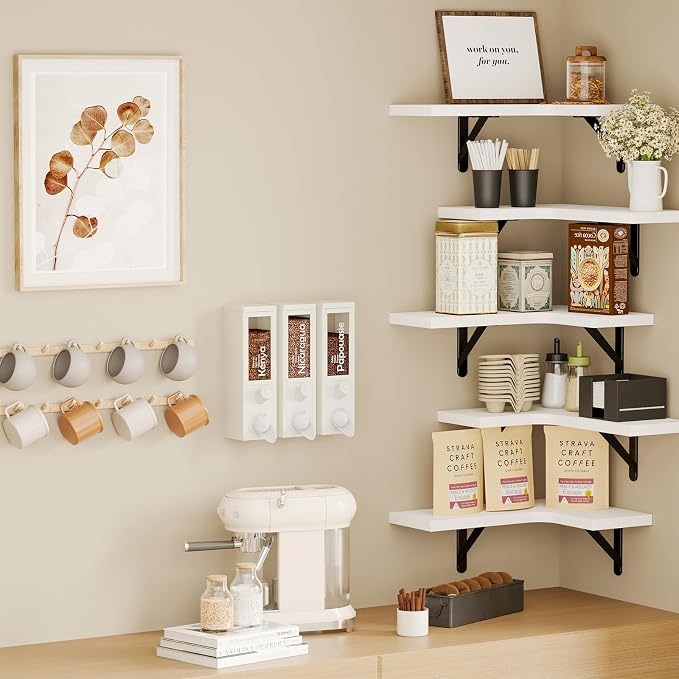 Fixwal Conner Shelves Wall Mounted for Decor, White Set of 5 | Solid wood shelf with metal brackets, holds 40 lbs. Optimizes corner storage. Fits bathroom, kitchen, bedroom & living room.