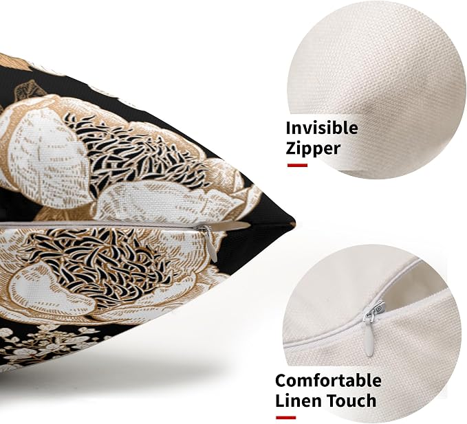 Vintage Flowers Lumbar Pillow Covers 12X20 Inch Set of 2 White Floral Gold Leaves Botanical Decorative Pillow Cases Rustic Black Cotton Linen Cushion Case Farmhouse Home Decor For Sofa Couch Outdoor