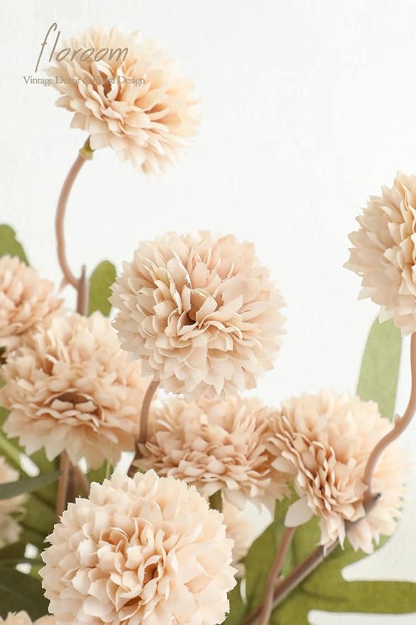 5pcs Beige Faux Silk Mums Artificial Flowers, Bulk Fake Small Mini Chrysanthemums with Stems for DIY Champagne Wedding Centerpieces Floral Arrangements Vase Fillers Home Decorations