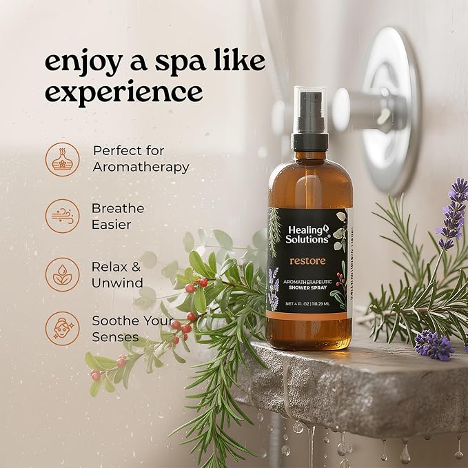 Healing Solutions Aromatherapy Shower Spray, Restore Blend, 4oz, Therapeutic Grade Essential Oils, Made in the USA, At Home Spa Experience, Promotes Muscle Relaxation (4oz, Restore Blend)
