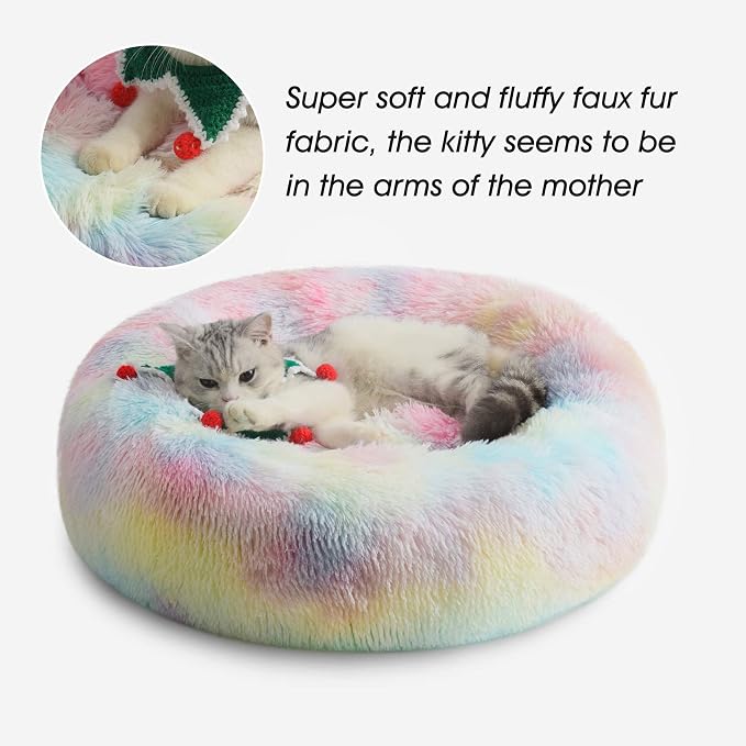 Western Home Calming Donut Small Medium Pet Dog Bed Washable,27" Rainbow | Fluffy Faux Fur Round Cuddler,Anti-Anxiety,Anti-Slip Bottom,Plush Pet Dog Beds for Small Medium Sized Dogs,Up to 35 LBS