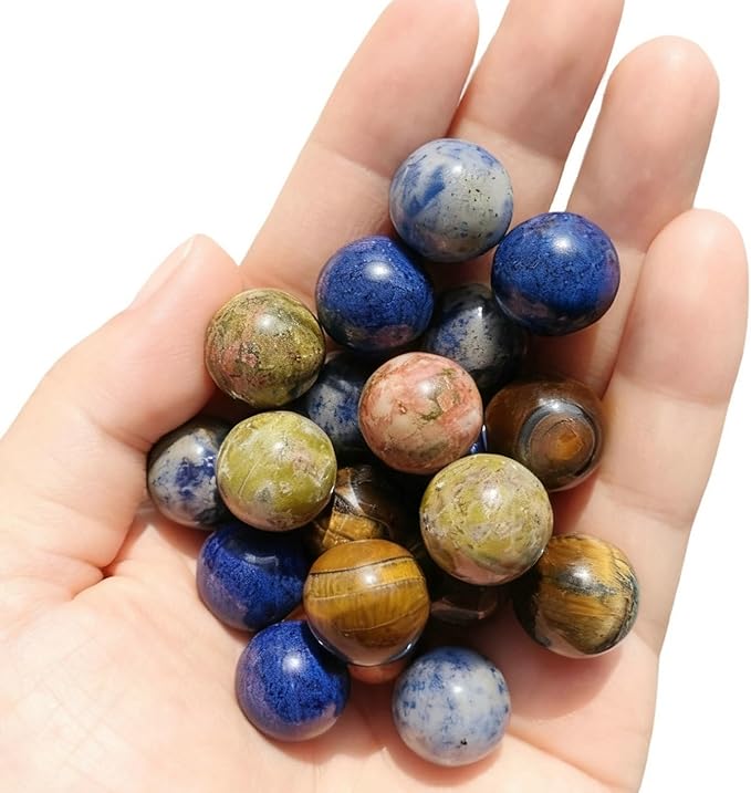 20Pcs 16mm Natural Stone Balls Gemstone Spheres Polished Assorted Small Marbles -Tiger Eye*5, Unakite*5,Sodalite*5,Blue Stone*5