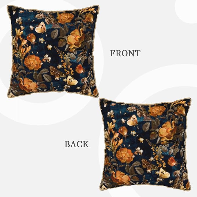 Vintage Floral Velvet Pillow Covers 16x16 Inch Blue Brown Leaf Flowers Throw Pillows for Couch Farmhouse Cushion Covers Pillowcase Butterfly Plant Leaves Pillow Cases for Sofa Bed Outdoor Decor