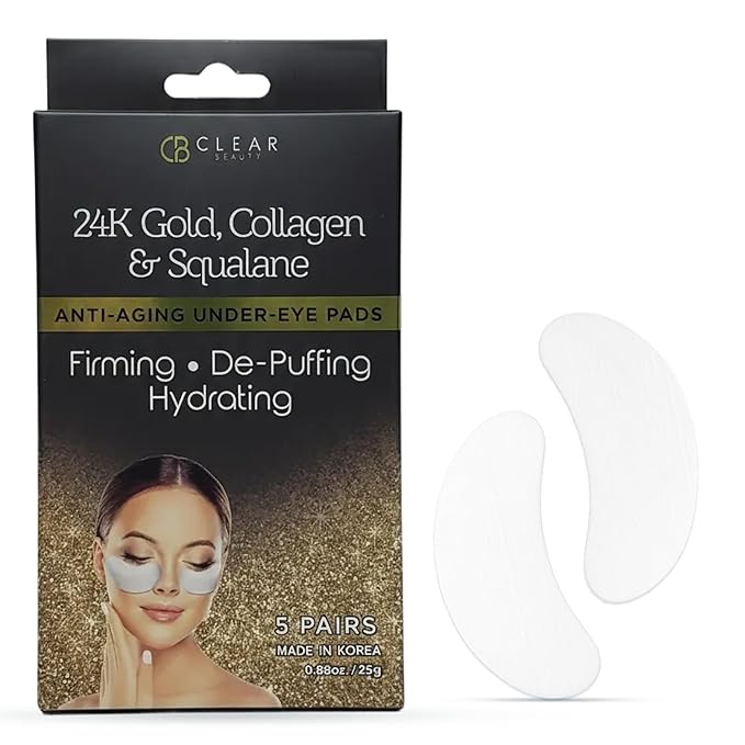 Clear Beauty, 24K Gold & Collagen Under Eye Patches For Dark Circles & Puffy Eyes – Firming & Hydrating With Squalane – Dermatologist Tested, Anti-Aging, Korean Skin Care – Clean Beauty – 5 Pairs