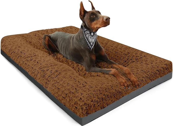 POCBLUE Dog Beds Large Sized Dog, Washable Plush Pet Bed for Crate, Anti-Slip Pet Mat for Cages, Comfy Crate Pad for Outdoor/Indoor/Car Use, Soft Kennel Pad for Dogs Up to 60 lbs, 35"x23", Brown