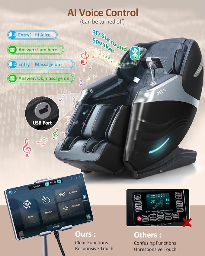 RELX Massage Chair Full Body, 20 Modes Zero Gravity SL-Track Shiatsu Massage Chair Built-in Heat System, Airbag Massage with Body Scan, Deep Yoga Stretch, Calfrest Extension and AI Control(Black)