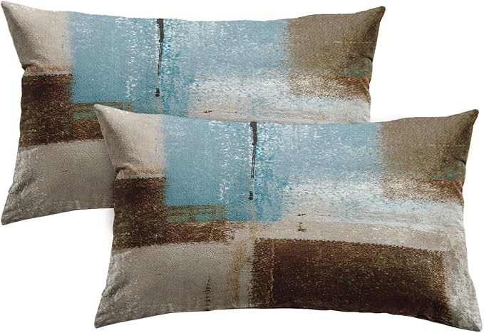 Throw Pillow Covers Set of 2, 12 x 20 Inch, Blue Beige Brown | Abstract Modern Art Outdoor Decorative Square Pillow Cases Couch Cushion Case for Couch Bed Sofa Living Room Home Decor
