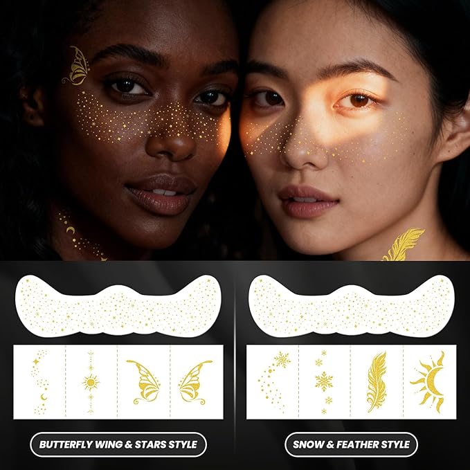 30PCS Glitter Freckles Face Tattoos & Face Gems Set, Classic Gold Glitter Temporary Tattoos Makeup Patches, Fake Freckles Face Glitter for Women’s Rave Outfits & Accessories