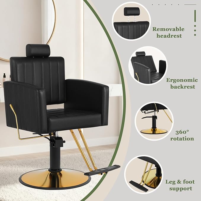Black and Gold Salon Chair for Hair Stylist, Heavy Duty Hydraulic Barber Salon Chair with Vertical Stitch Design, 360° Swivel, Adjustable Height, Ergonomic Reclining Stylist Chairs for Beauty Salon