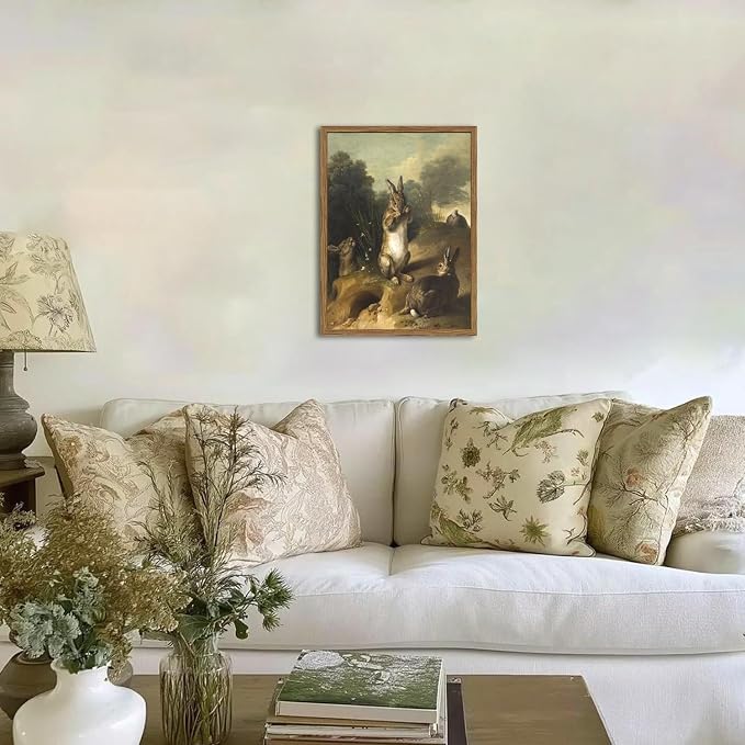 Vintage Easter Rabbit Wall Art, Rustic Bunny Wall Decor Painting Cottagecore Animal Poster Canvas Prints Picture for Living Room Farmhouse Bedroom 12x16 inch Wood Framed