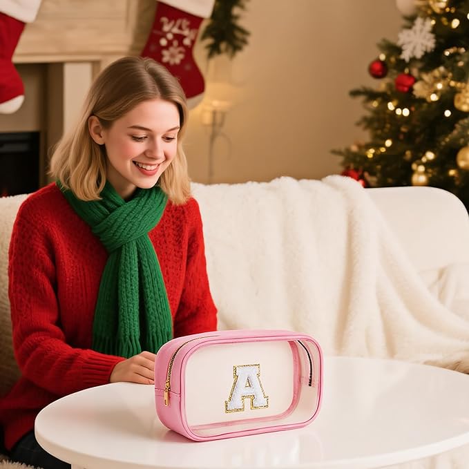 YOOLIFE Initial Clear Makeup Pouch, Clear Makeup Bag Cosmetic Travel Beach Toiletry Bag Travel Essentials Gifts for Women Teen Girlfriend Teacher Mom Birthday Gift for Women Teen Zipper Pouch Blue A