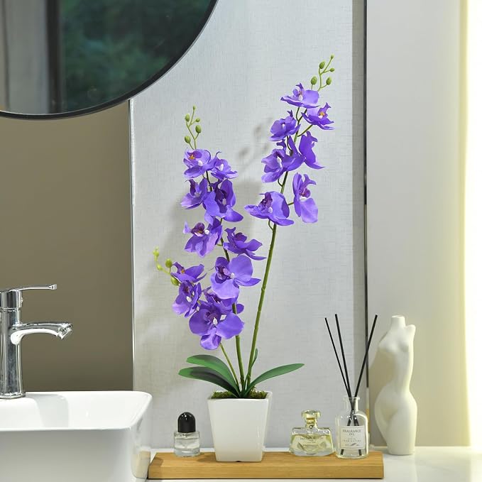22" Purple Faux Orchid in Ceramic Vase for Table Décor | Real Look Potted Phalaenopsis, Ideal Centerpiece for Home, Office, or Indoor Display, Lifelike Silk Flowers, No Maintenance