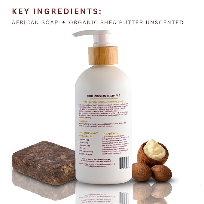 MZURI Unscented Body Wash, African Black Soap, Organic Shea Butter, and Calendula, Moisturizing, Hydrating, and Gentle Formula for Dry, Sensitive Skin, Paraben-Free Luxury Body Wash - 16 Fl. Oz
