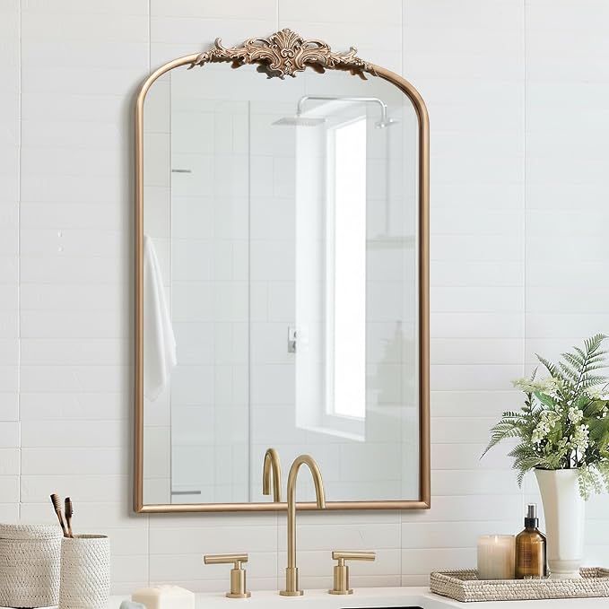 Besdomus Antique Large Wall Mirror: 24"x36" French Arched Vanity Mirrors | Champagne Baroque Vintage Decorative - Traditional Ornate for Entryway/Dresser/Over Sink - Ideal for Bathroom Renovations