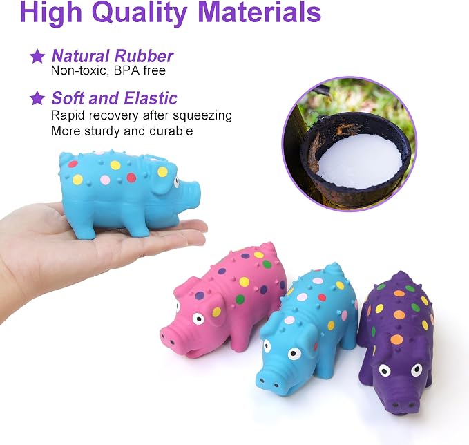 Squeaky Pig Dog Toys 3-Pack, Interactive Latex Piggy Chew Toys Set with Squeak Sounds for Teething Puppy, Small, Medium Dogs (Blue+Pink+Purple)