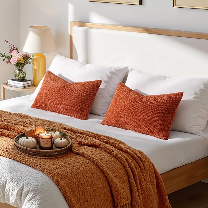 MIULEE Fall Decorative Lumbar Throw Pillow Covers 12x20 Burnt Orange 2 Pack | Modern Boho Accent, Soft Chenille Pillow Covers, Farmhouse Cushion Cases for Couch Bed Sofa Living Room Home Decor