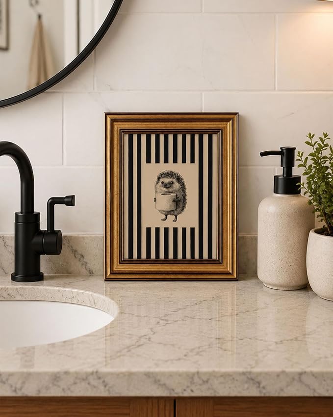 Gold Framed Wall Art, Funny Bathroom Hedgehog Canvas Prints, Vintage Hedgehog Holding Toilet Roll Picture Wall Decor, Striped Cute Animal Artwork for Bathroom Toilet Restroom 9x11 inch