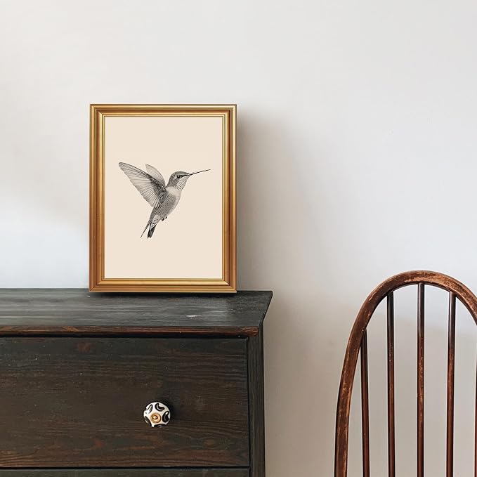 JLTULT Vintage Hummingbird Wall Art, Gold-Tone Framed Canvas, 8 x 10 In | Black-and-white hummingbird art on fade-resistant canvas with a ready-to-hang gold-tone PS frame for bedrooms and offices